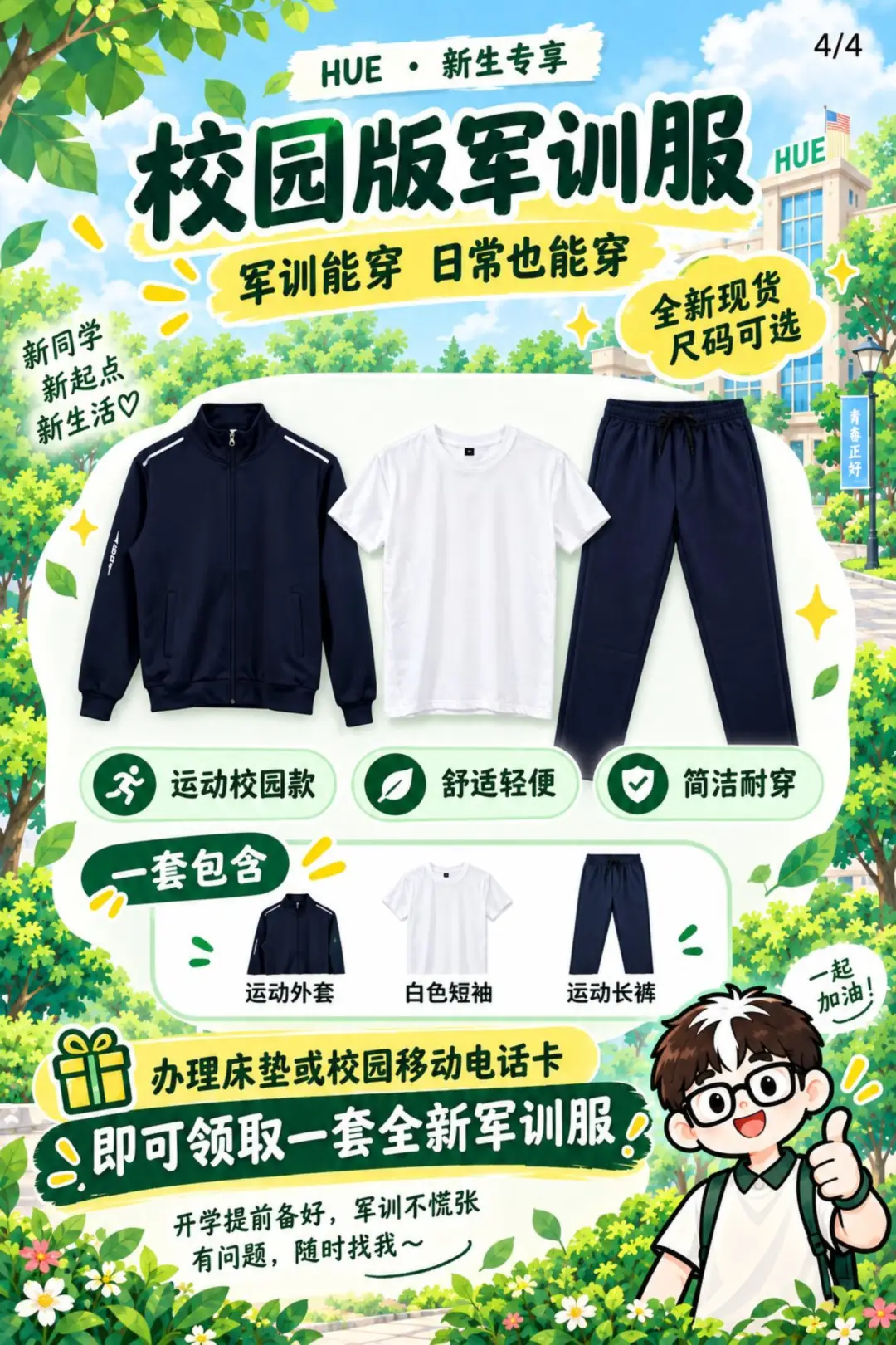 校园版军训服，一套包含外套、短袖、长裤